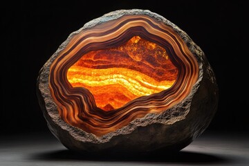 A mesmerizing geode, meticulously carved to reveal its glowing, layered interior, a stunning natural artwork.