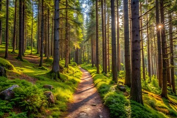Obraz premium Sunlit Forest Path Through Tall Pine Trees trail