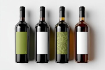 Four wine bottles with blank labels on a white background