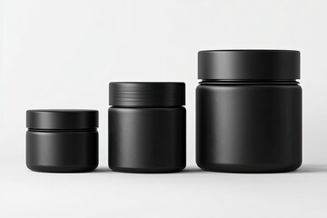 Three black cosmetic jars of varying sizes on a white background