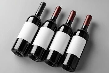 Four wine bottles arranged on a gray surface