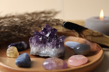 Different beautiful gemstones, dried reeds and palo santo stick on beige background, closeup