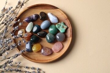 Different beautiful gemstones and lavender flowers on beige background, flat lay. Space for text