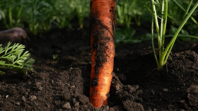 A farmer's hand pulls ripe carrots out of the ground. Freshly harvested organic vegetables from the garden. Carrots as part of a healthy diet.