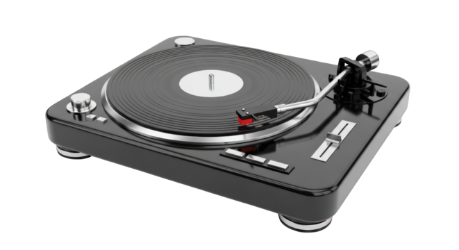 Sleek Black Turntable with Silver Accents and Vinyl Record.