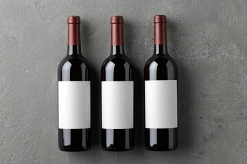 Three wine bottles with blank labels on a gray stone surface