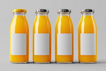 Four clear glass juice bottles, filled with orange juice, with white labels