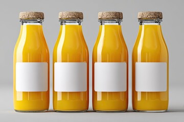 Four clear glass bottles of orange juice, each with a cork-top and blank label
