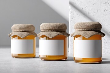 Three honey jars with blank labels on a light gray surface