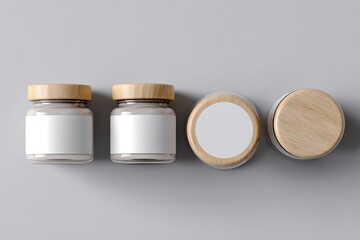 Three small glass jars with wooden lids and blank labels on a light gray background