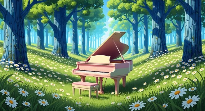 A pink grand piano sits in a sunlit clearing within a lush, green forest.