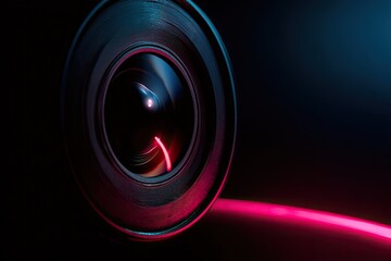 Close-up of a camera lens with vibrant neon lighting