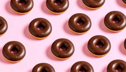 Chocolate donuts arranged in a grid on a pink background