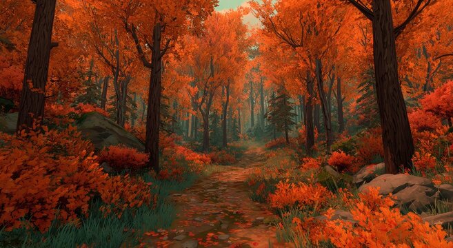 Autumn forest path, vibrant colors