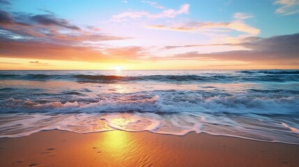 Obraz premium A photo of a sunset over a beach with clear calm water