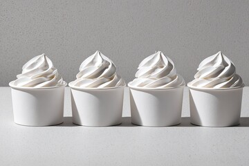 Four cups of whipped ice cream on a light surface