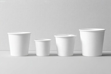Four white disposable cups of varying sizes on a light gray surface
