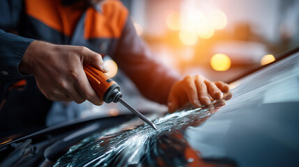 A technician repairs a windshield chip hyper realistic glass cracks with clear details moody shadows on the vehicle bright saturation in repair tools windshield repair auto