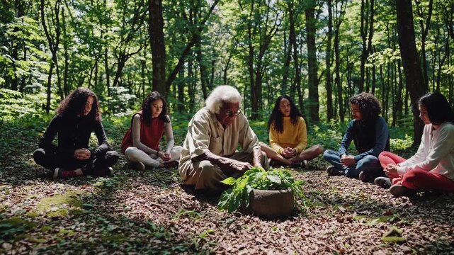 Community gathered in a forest circle around an elder performing a plant based spiritual ritual, sharing traditional wisdom, healing practices, and mindful connection to nature