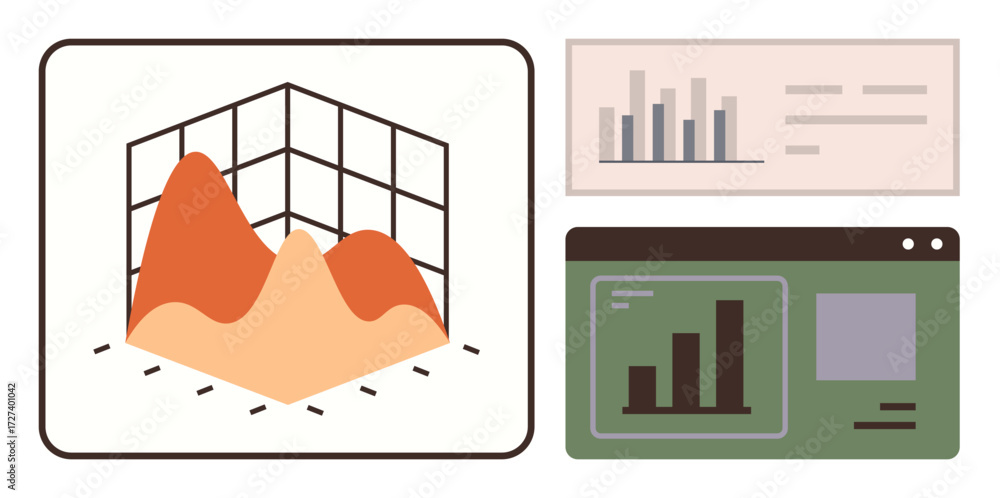 Poster 3d chart with orange peaks, vertical bar graphs, and data dashboard interface. ideal for analytics, 