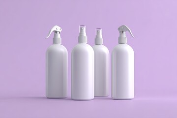 Four white spray bottles on a lavender background