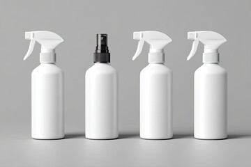 Four white spray bottles on a gray background