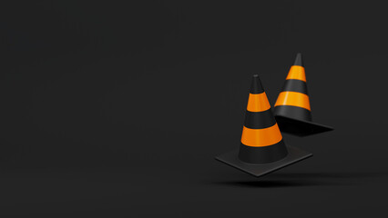 Orange black Traffic cone floating isolated on dark background. Safety warning or under construction symbol.