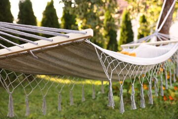 Comfortable hammock with pillow in garden, closeup