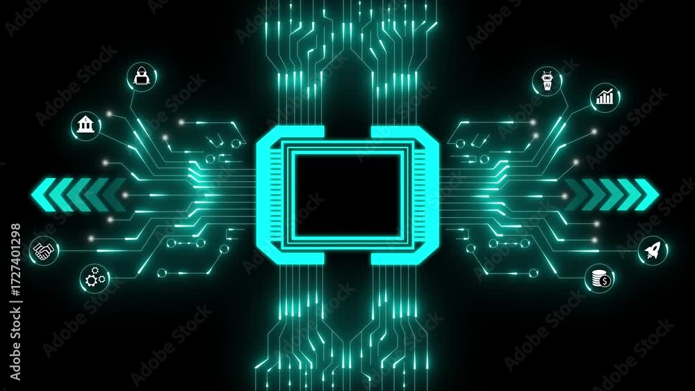 Poster technology circuit board with glowing lines and digital network. futuristic ai finance concept. futu