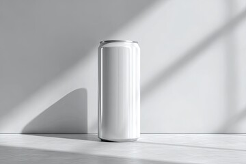 Blank white aluminum can on a light surface with shadows