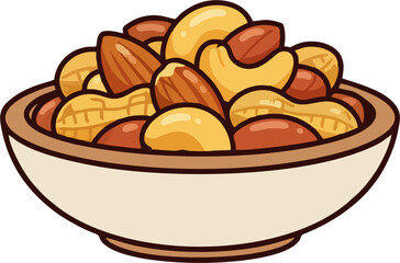 Cartoon Bowl of Roasted Mixed Nuts Vector – Peanuts, Cashews, Almonds, Snack Food Clipart, Healthy Snack