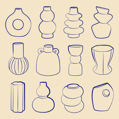 Set of hand drawn vase line art. Minimalist pottery collection with abstract ceramic shapes. Modern outline illustration for decor, poster, packaging, sticker.