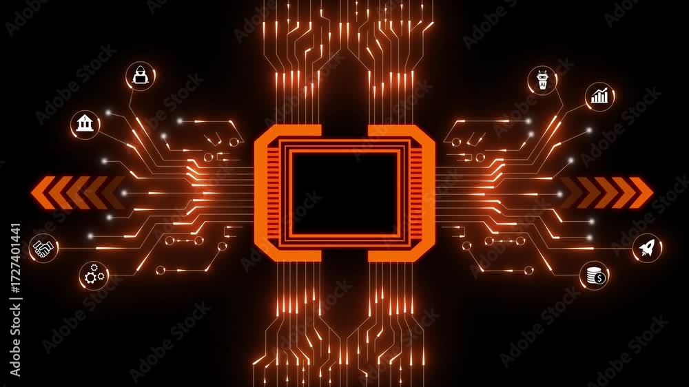 Poster technology circuit board with glowing orange lines and digital network. futuristic ai finance concep