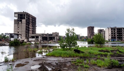 Flooded, war-torn cityscape with debris, destroyed buildings, and overgrown vegetation