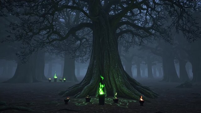 Halloween forest creates eerie atmosphere with fog, dim lighting, and glowing green candles. Shadows dance around ancient trees, setting spooky scene for celebration. Mysterious vibes linger in air.
