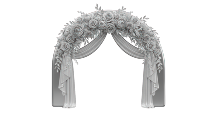 Elegant Monochrome Floral Wedding Arch with Draped Fabric.