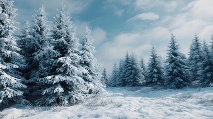 Naklejka premium A serene winter scene with snow laden pine trees under a clear blue sky with scattered clouds