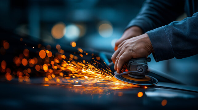 An auto repairman grinds an automobile body hyper realistic grinding sparks with vivid details moody shadows on the vehicle bright saturation in repair tools autobody repair