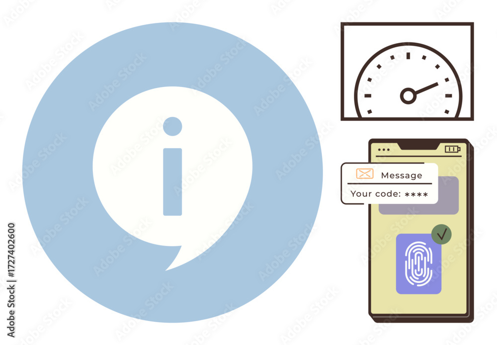 Poster fingerprint scan and code verification on smartphone, speed gauge, speech bubble with i for informat