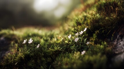 Delicate white wildflowers bloom amidst lush green moss with a soft blurred natural background