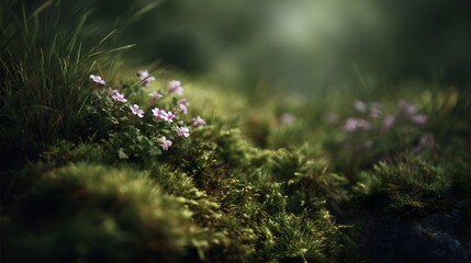 Detailed ro view of delicate pink wildflowers blooming on a textured bed of lush green moss and grass illuminated by soft light