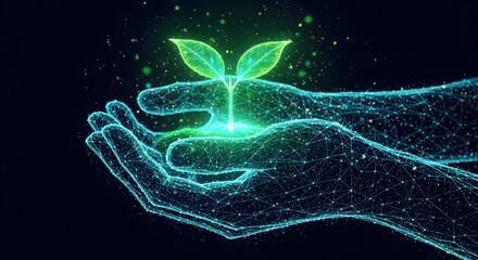 Digital wireframe hands cupping a small glowing green plant sprout. Concept of protecting life, agricultural technology, and bio-future.