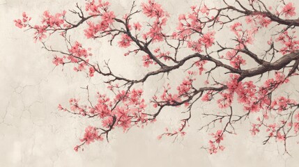 Traditional Japanese-style line art of sakura branches on light rice paper texture background, soft pastel tones