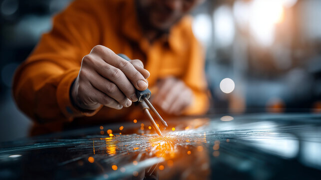 A technician repairs a windshield chip hyper realistic glass cracks with clear details moody shadows on the vehicle bright saturation in repair tools windshield repair auto