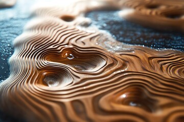 Intricate wooden carving with flowing lines and water-like texture, creating an abstract landscape.