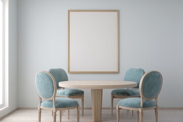 Light blue room with round table and chairs