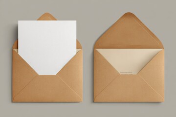 Two open kraft envelopes with blank white cards