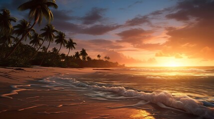 A photo of a sunset over a tropical beach