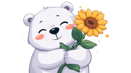 Fototapeta premium Cute polar bear with sunflower