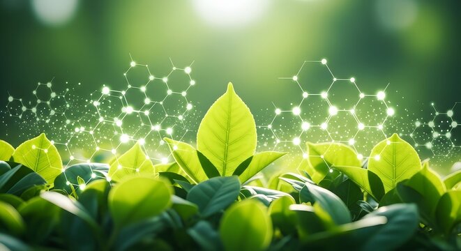 Bright green leaves with an overlay of glowing white molecular structures. Research in phytochemistry and development of organic health products.